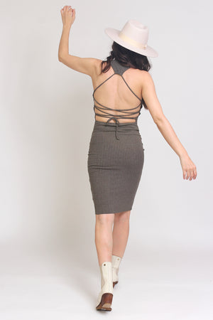 Fitted ribbed midi dress with lace up back, in Olive. Image 3