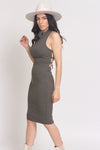 Fitted ribbed midi dress with lace up back, in Olive. Image 7