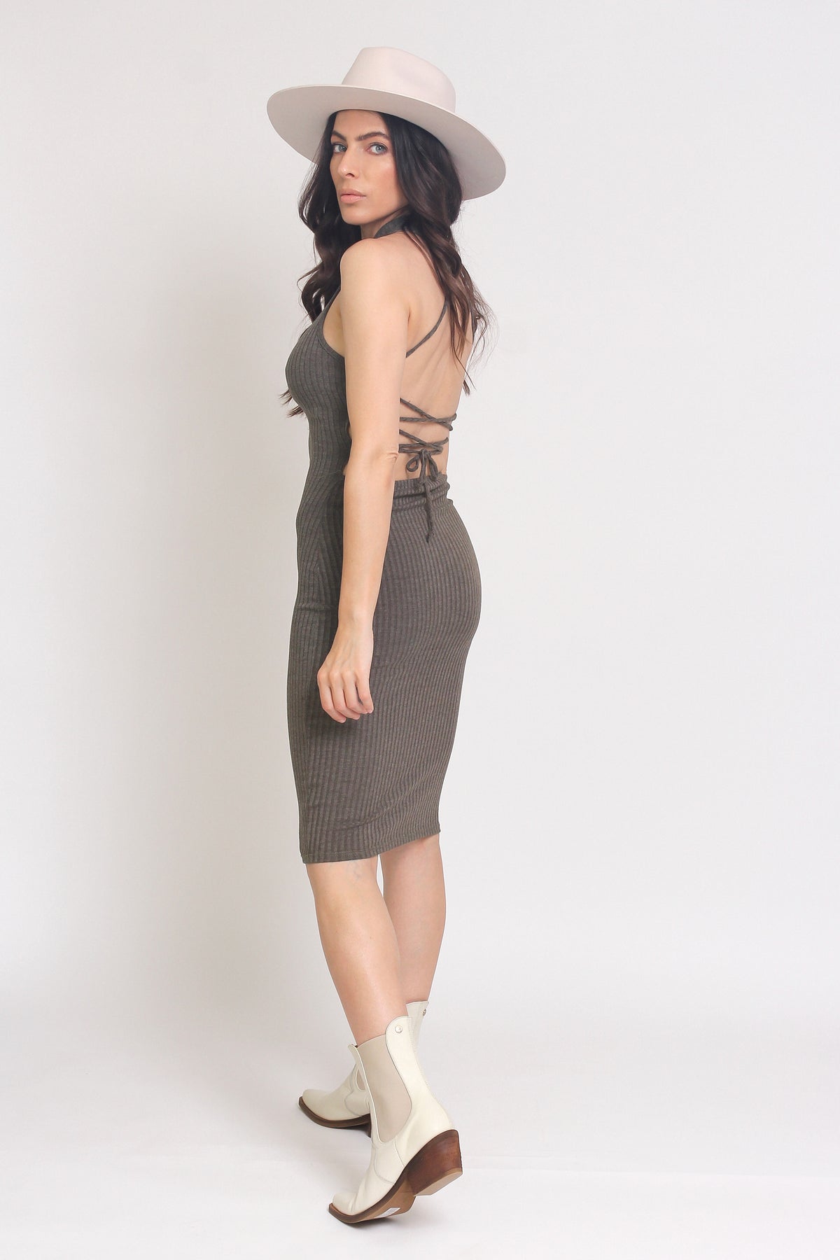Fitted ribbed midi dress with lace up back, in Olive. Image 8