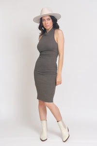 Fitted ribbed midi dress with lace up back, in Olive.