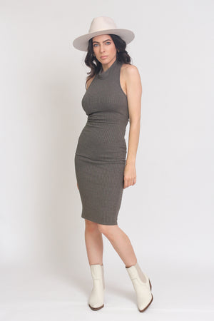 Fitted ribbed midi dress with lace up back, in Olive.
