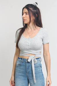 Snap front cropped tee shirt, with wrap around tie, in Grey. Image 3