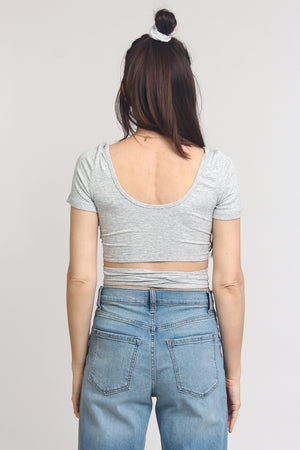 Snap front cropped tee shirt, with wrap around tie, in Grey. Image 4