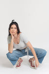 Snap front cropped tee shirt, with wrap around tie, in Grey. Image 6
