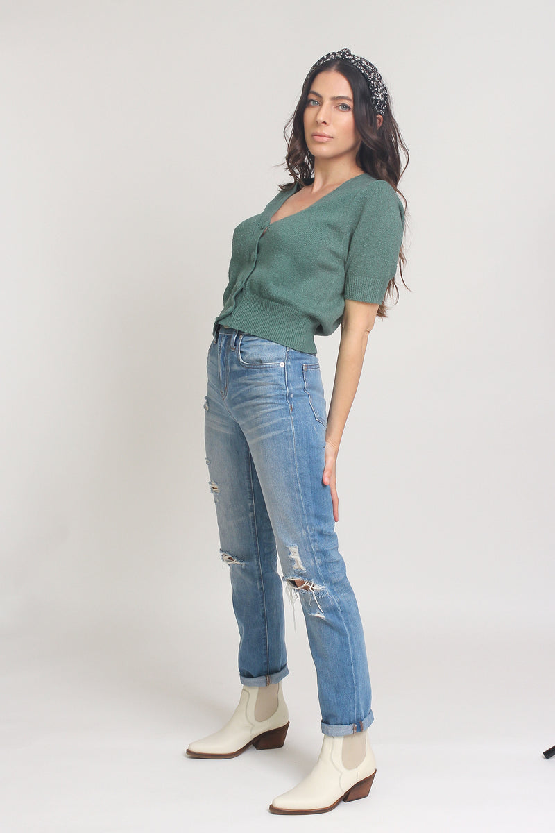 Short sleeve button front cropped cardigan, in Teal. Image 11