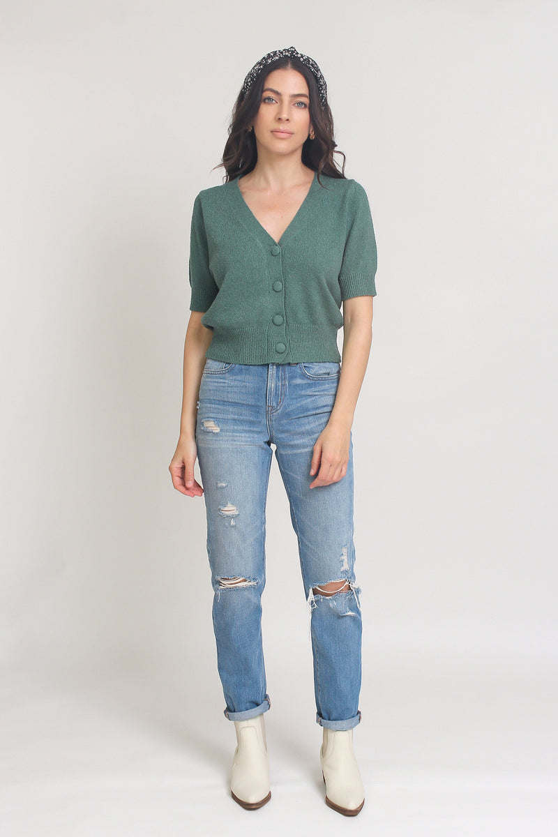 Short sleeve button front cropped cardigan, in Teal. Image 12