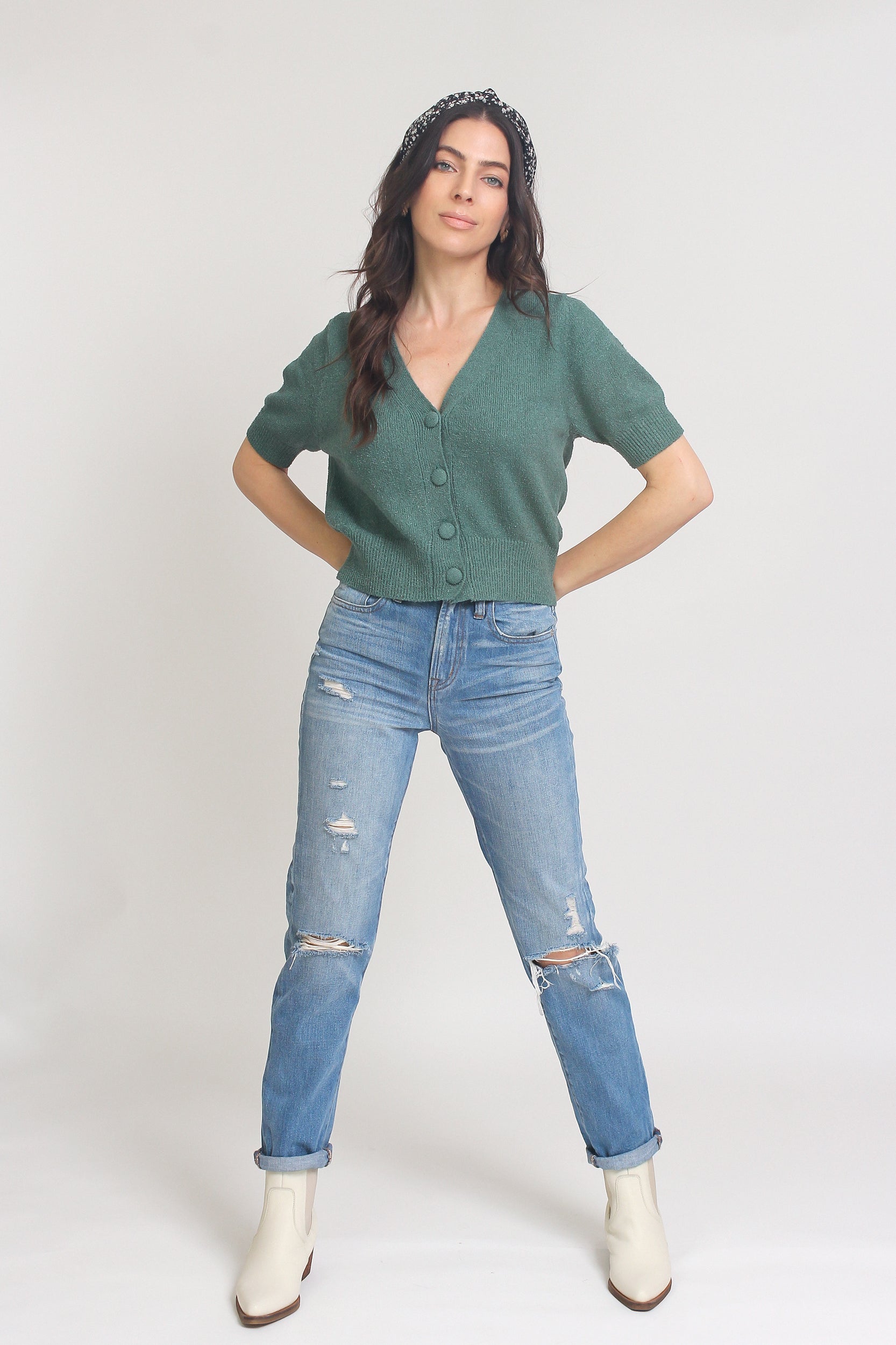 Short sleeve button front cropped cardigan, in Teal. Image 13