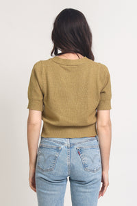 Short sleeve button front cropped cardigan, in Golden Lime. Image 6