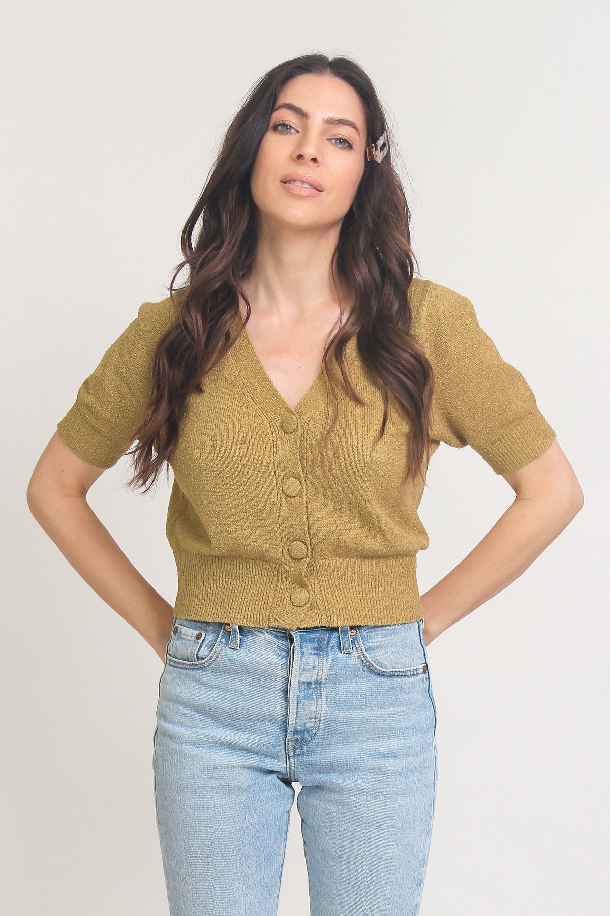 Short sleeve button front cropped cardigan, in Golden Lime. Image 7