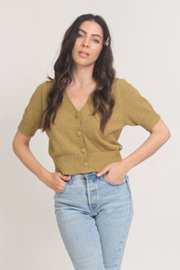 Short sleeve button front cropped cardigan, in Golden Lime. Image 8