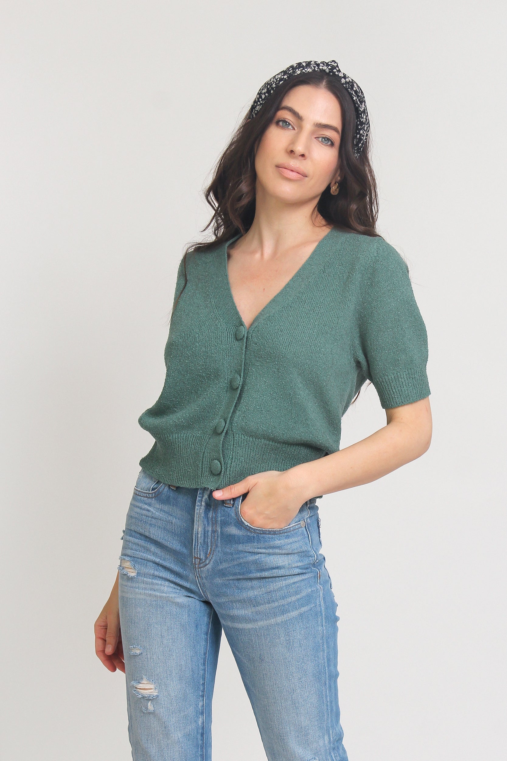 Short sleeve button front cropped cardigan, in Teal. Image 9