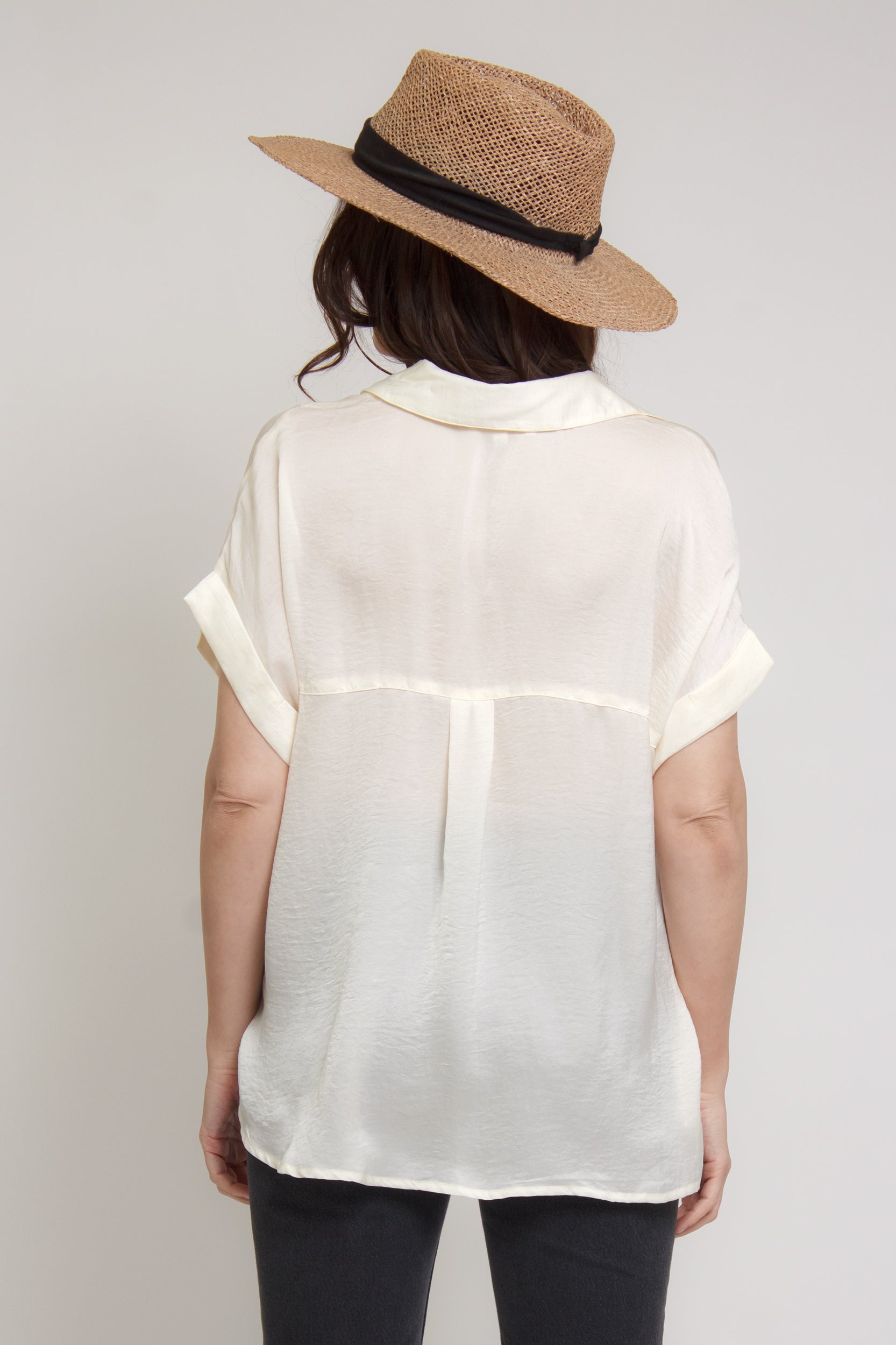Silk henley blouse with rolled sleeves, in cream. Image 2