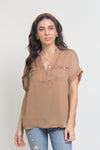 Silk henley blouse with rolled sleeves, in Taupe. Image 10