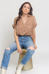 Silk henley blouse with rolled sleeves, in Taupe. Image 2