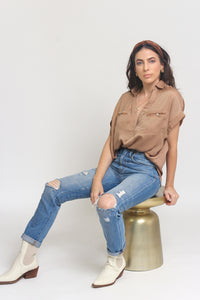 Silk henley blouse with rolled sleeves, in Taupe. Image 3