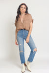 Silk henley blouse with rolled sleeves, in Taupe. Image 4