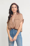 Silk henley blouse with rolled sleeves, in Taupe. Image 5