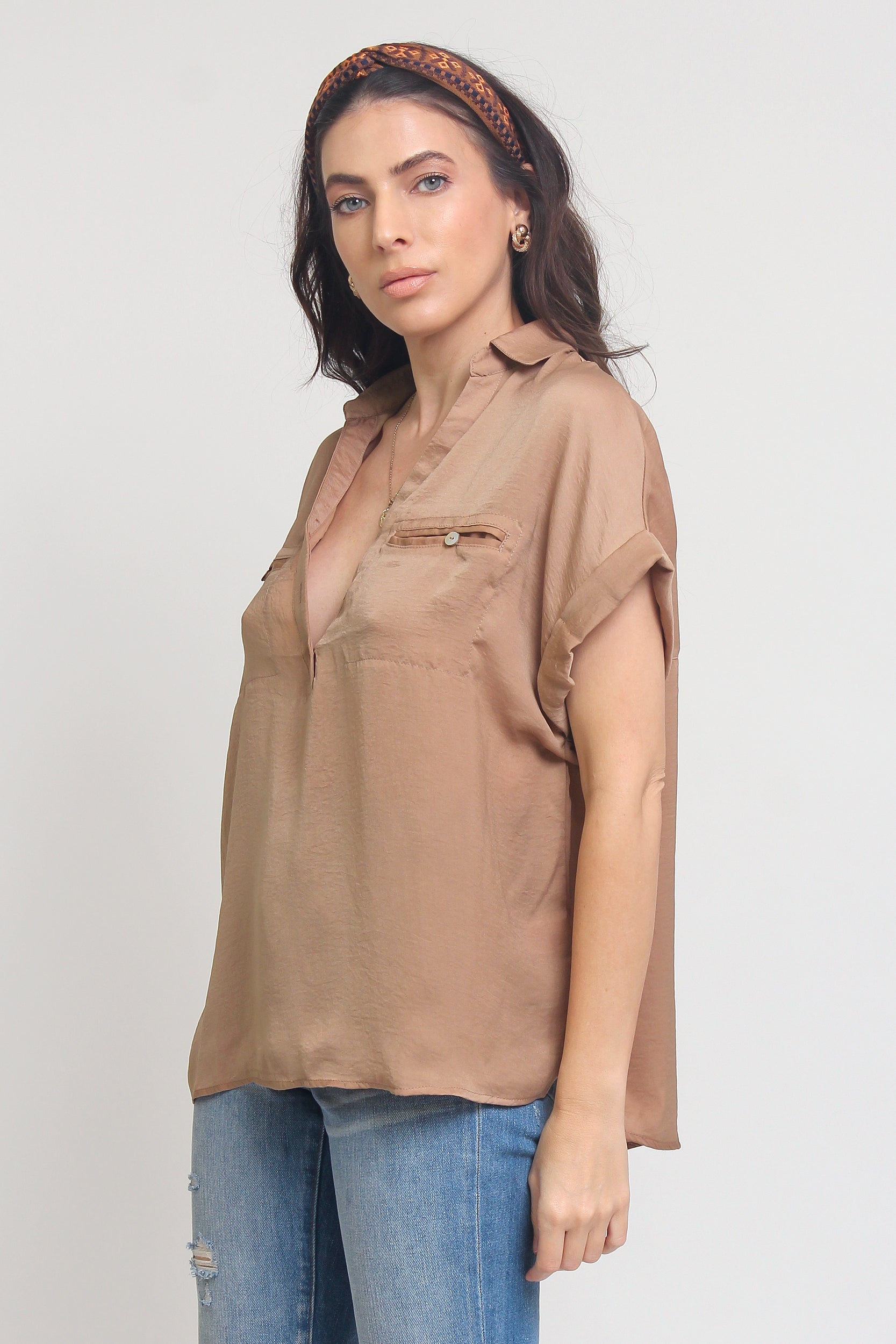 Silk henley blouse with rolled sleeves, in Taupe. Image 8