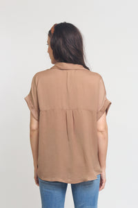 Silk henley blouse with rolled sleeves, in Taupe. Image 9
