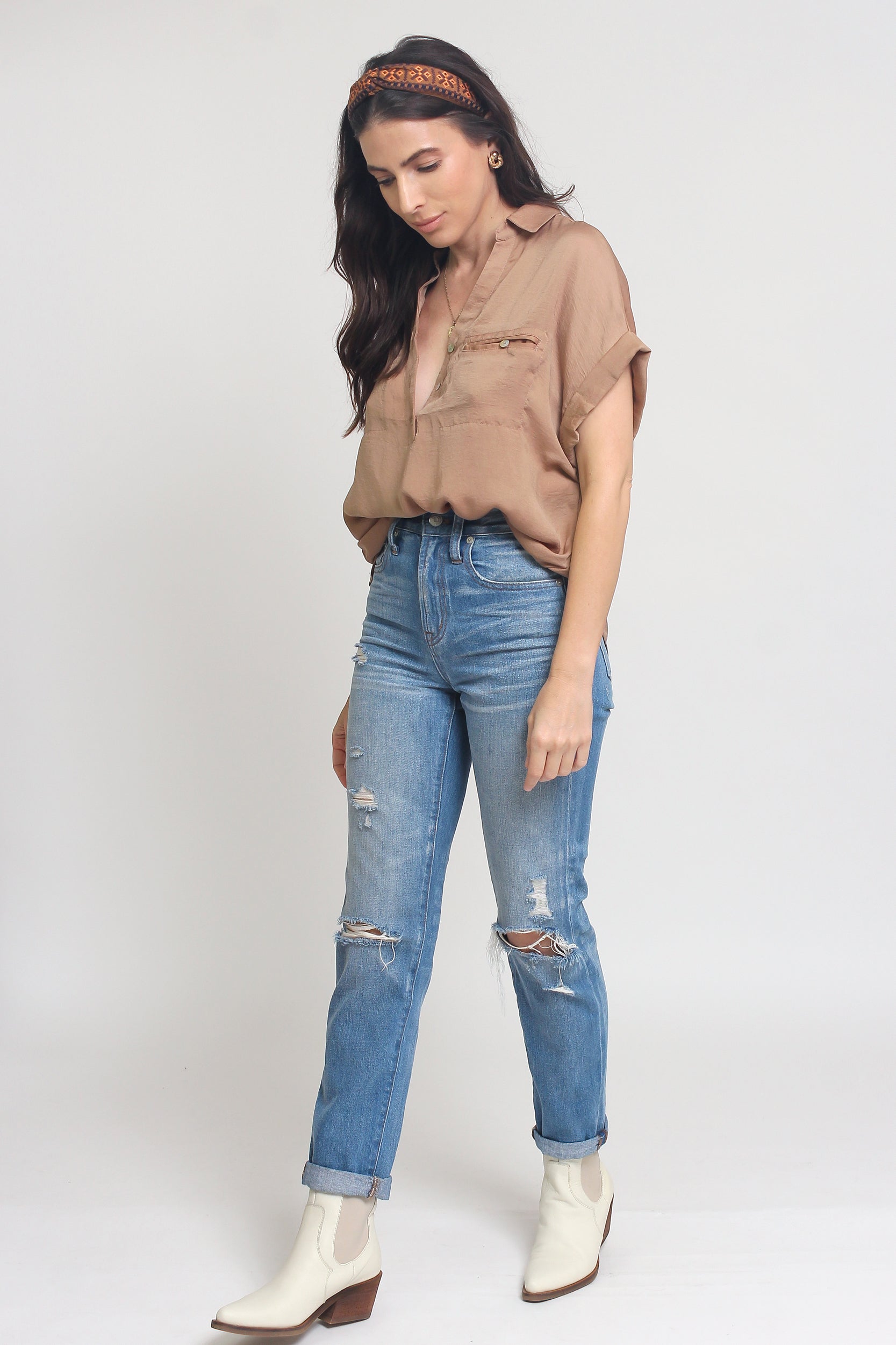 Silk henley blouse with rolled sleeves, in Taupe.