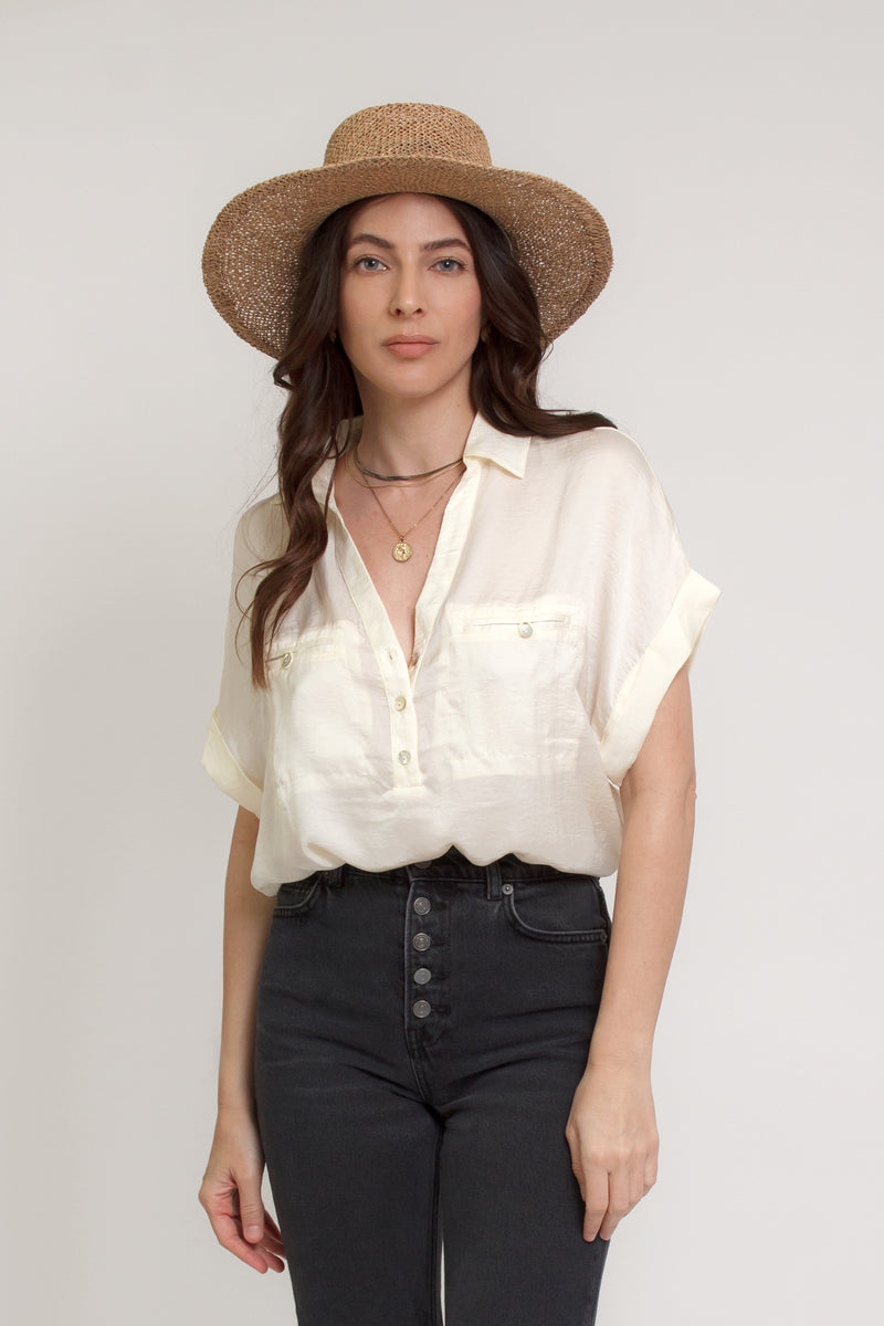 Silk henley blouse with rolled sleeves, in cream. Image 10
