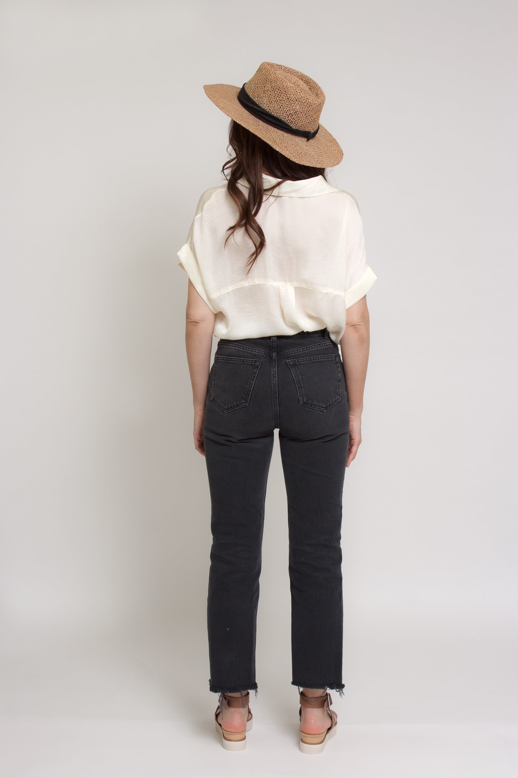 Silk henley blouse with rolled sleeves, in cream. Image 12