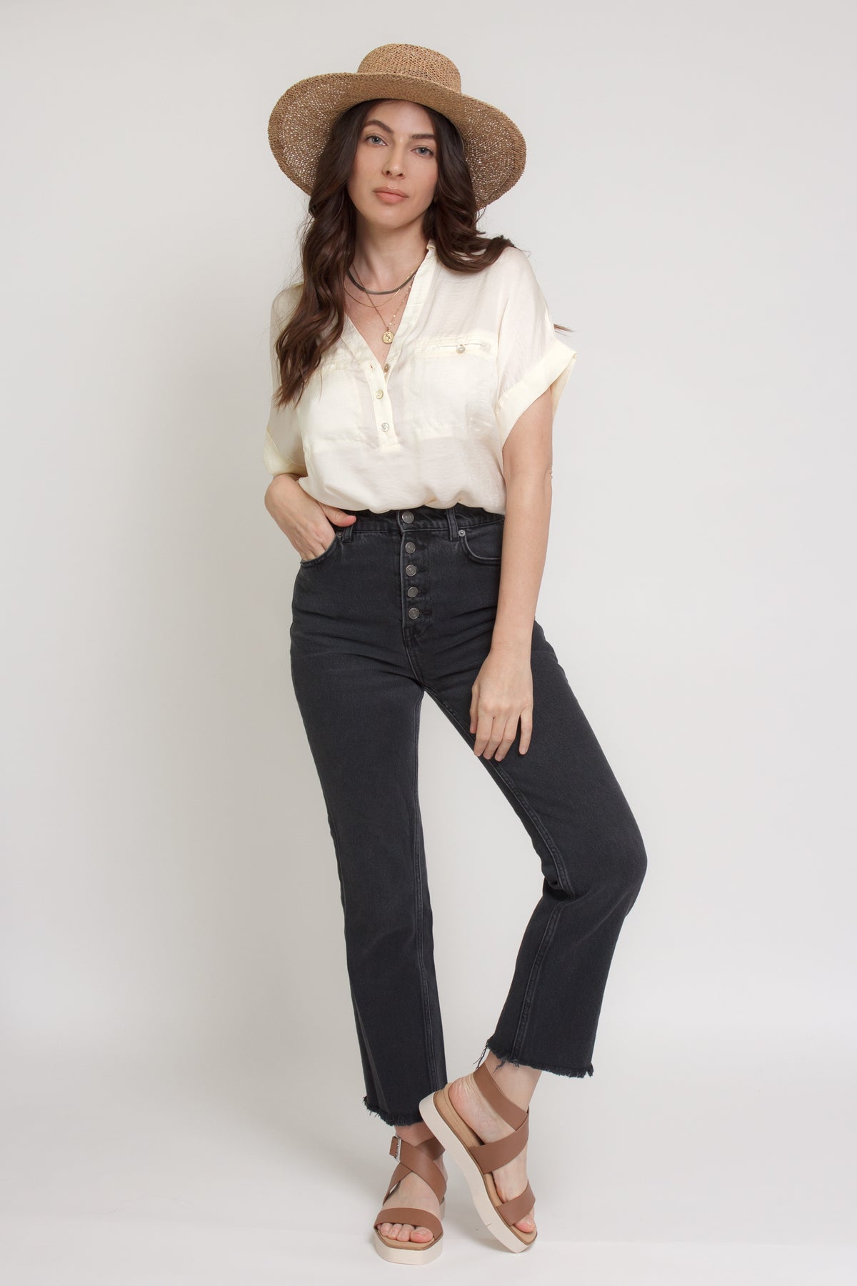 Silk henley blouse with rolled sleeves, in cream. Image 5