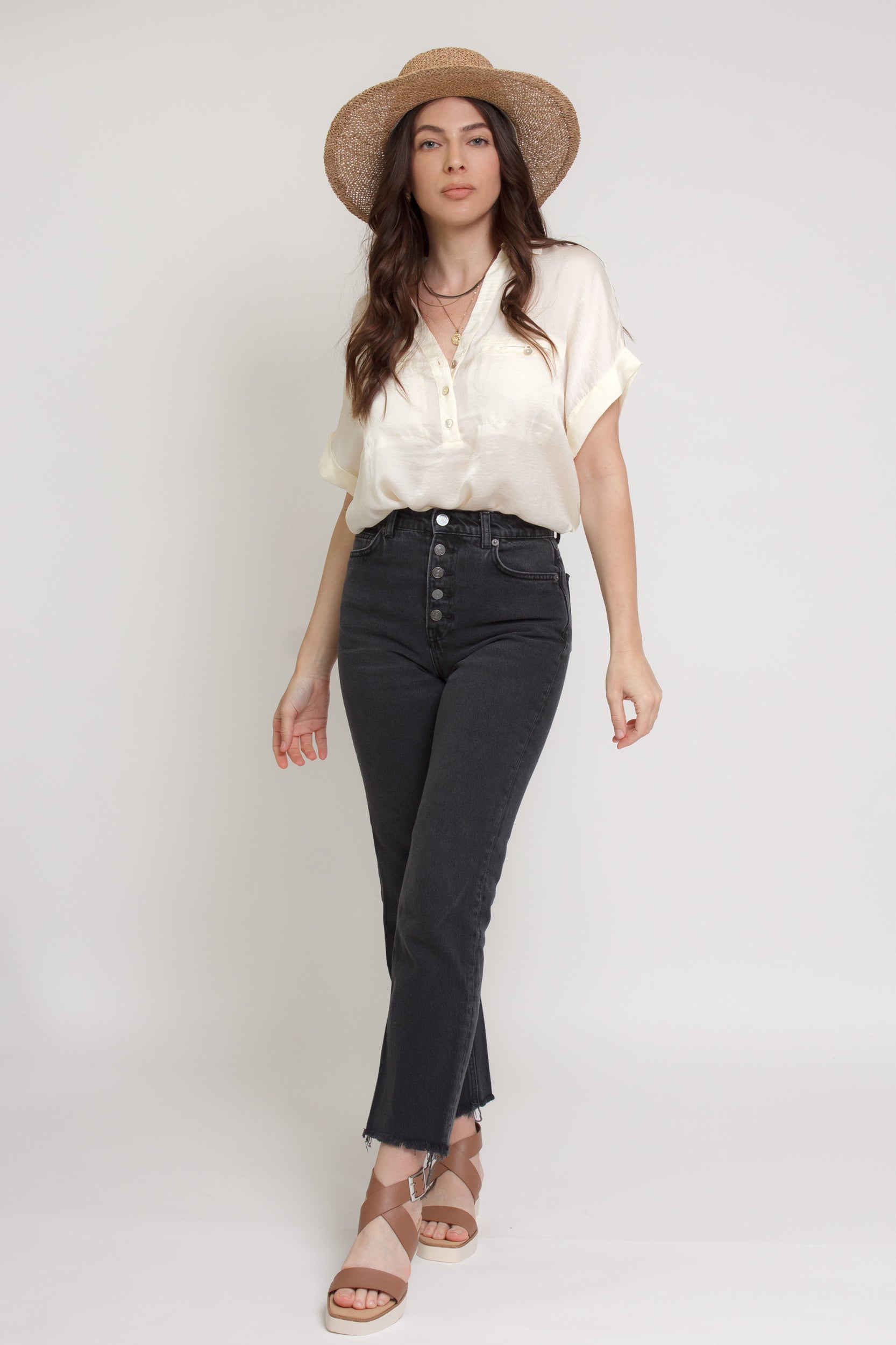 Silk henley blouse with rolled sleeves, in cream. Image 6