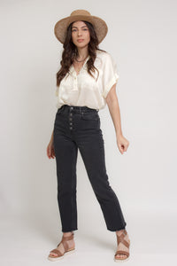 Silk henley blouse with rolled sleeves, in cream. Image 7