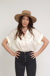 Silk henley blouse with rolled sleeves, in cream. Image 8