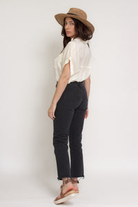 Silk henley blouse with rolled sleeves, in cream. Image 9