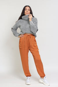 Silk joggers with drawstring waist, in caramel. Image 2