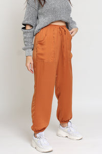 Silk joggers with drawstring waist, in caramel. Image 3