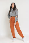 Silk joggers with drawstring waist, in caramel. Image 4
