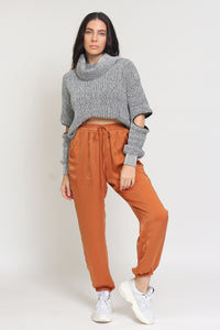 Silk joggers with drawstring waist, in caramel. Image 5