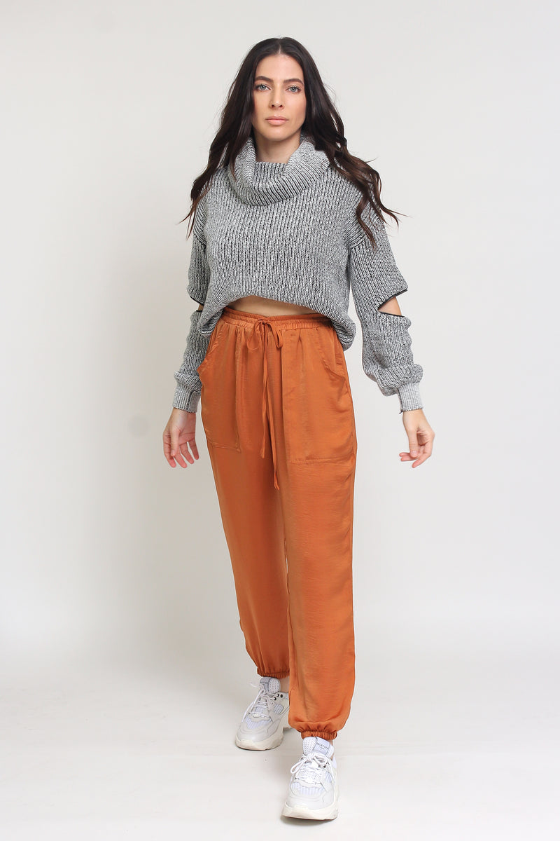 Silk joggers with drawstring waist, in caramel. Image 6