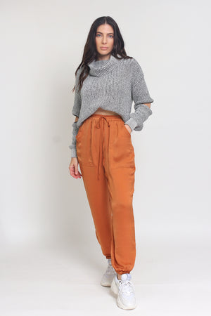 Silk joggers with drawstring waist, in caramel. Image 8