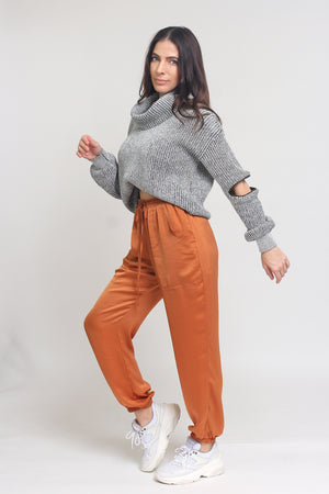 Silk joggers with drawstring waist, in caramel. Image 9