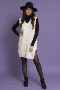 Cable knit sweater dress with velvet ties, in ivory. Image 11