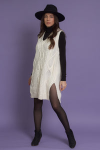 Cable knit sweater dress with velvet ties, in ivory. Image 7