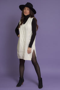 Cable knit sweater dress with velvet ties, in ivory. Image 8