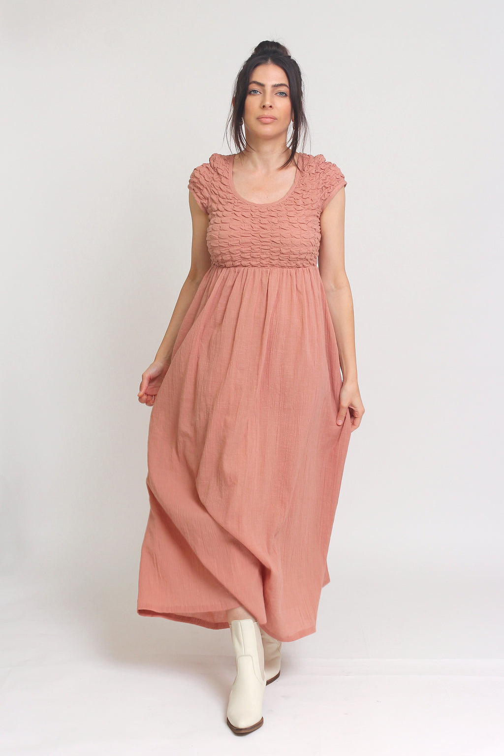 Babydoll style maxi dress with smocking, in Tropical Punch. Image 12