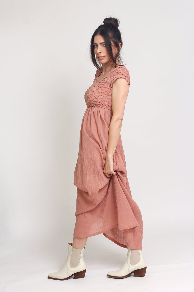 Babydoll style maxi dress with smocking, in Tropical Punch. Image 3