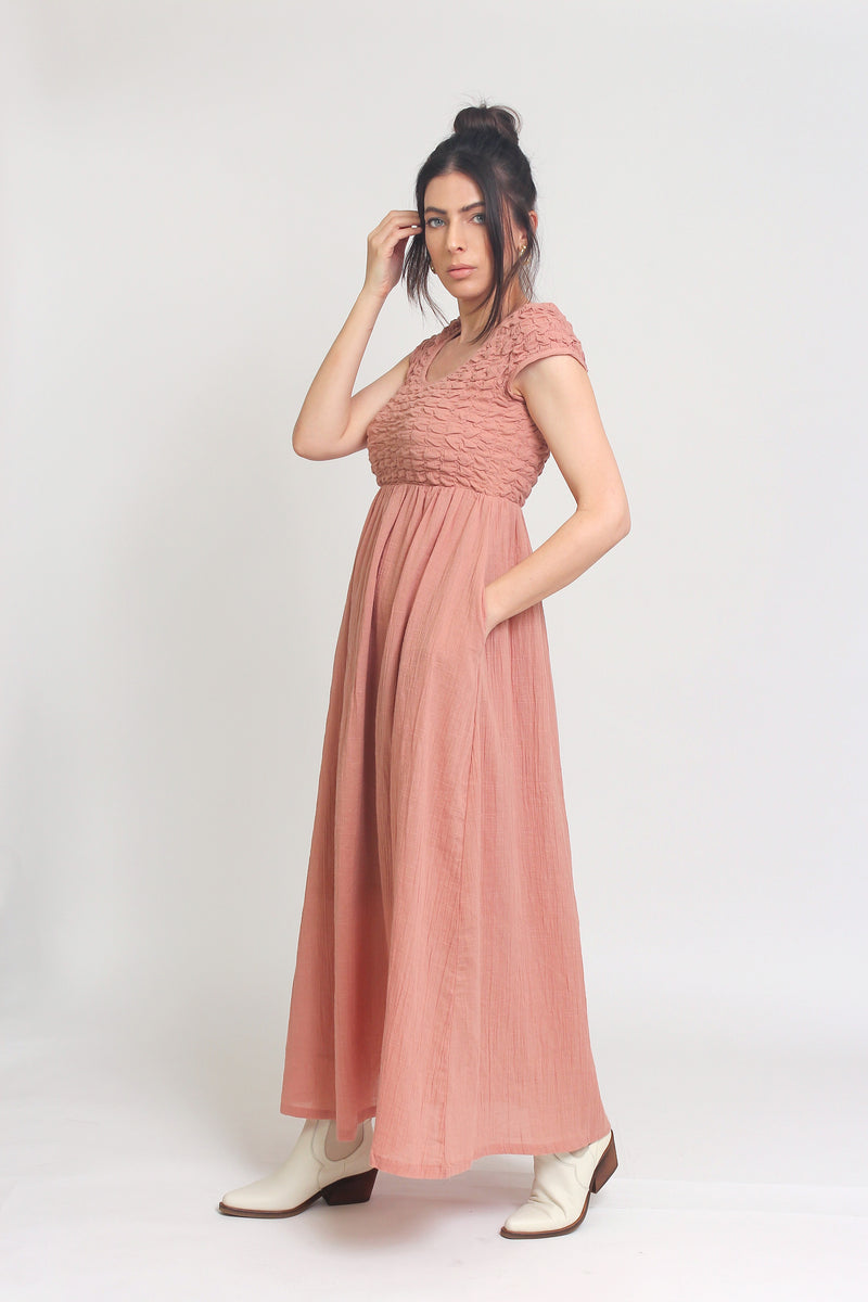 Babydoll style maxi dress with smocking, in Tropical Punch. Image 7