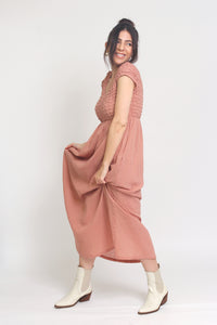 Babydoll style maxi dress with smocking, in Tropical Punch. Image 8