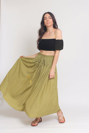 Smocked waist maxi skirt with drawstring tie, in Matcha. Image 2