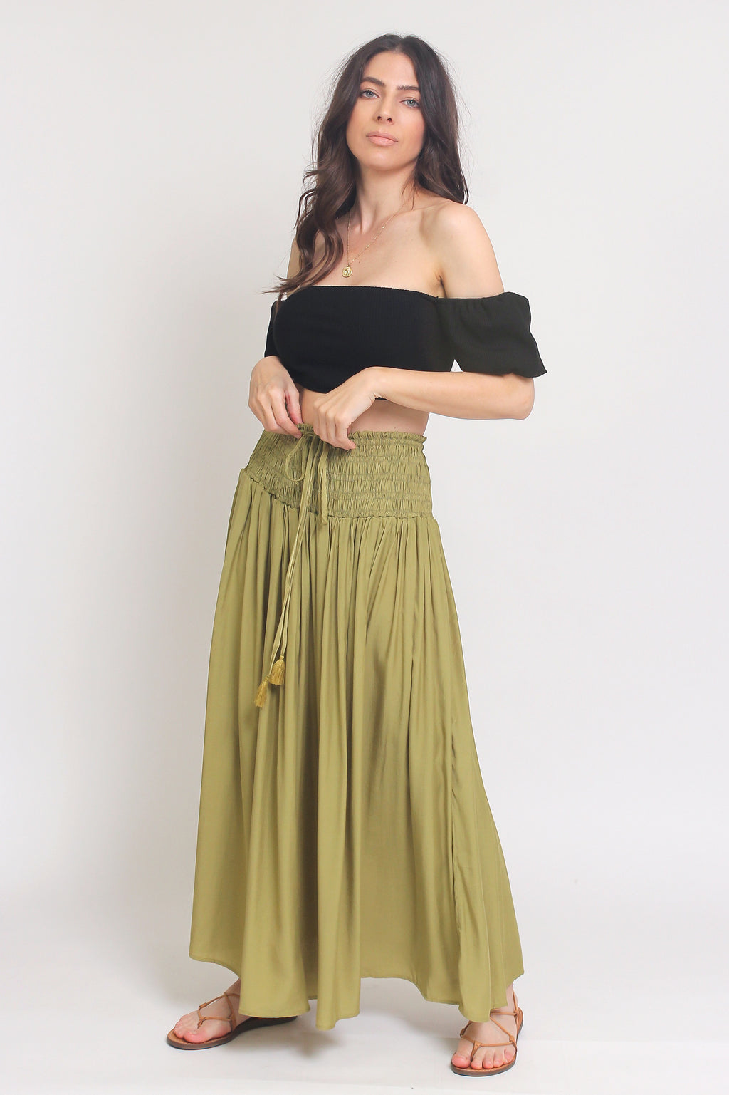 Smocked waist maxi skirt with drawstring tie, in Matcha. Image 3