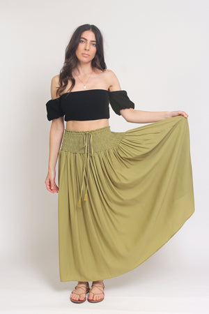 Smocked waist maxi skirt with drawstring tie, in Matcha. Image 4