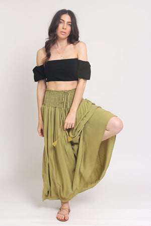 Smocked waist maxi skirt with drawstring tie, in Matcha. Image 6