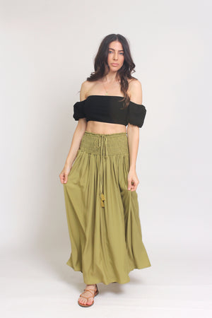 Smocked waist maxi skirt with drawstring tie, in Matcha. Image 7